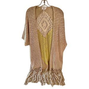 J.O.A. Women Sz S Sweater BoHo Cottagecore Crochet Fringe Open Front Cardigan